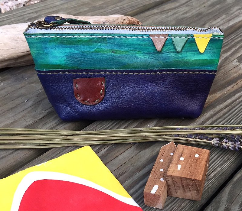 Sailboat shaped vegetable tanned leather pencil case / Pen pouch - Mint blue color - กล่องดินสอ/ถุงดินสอ - หนังแท้ สีน้ำเงิน