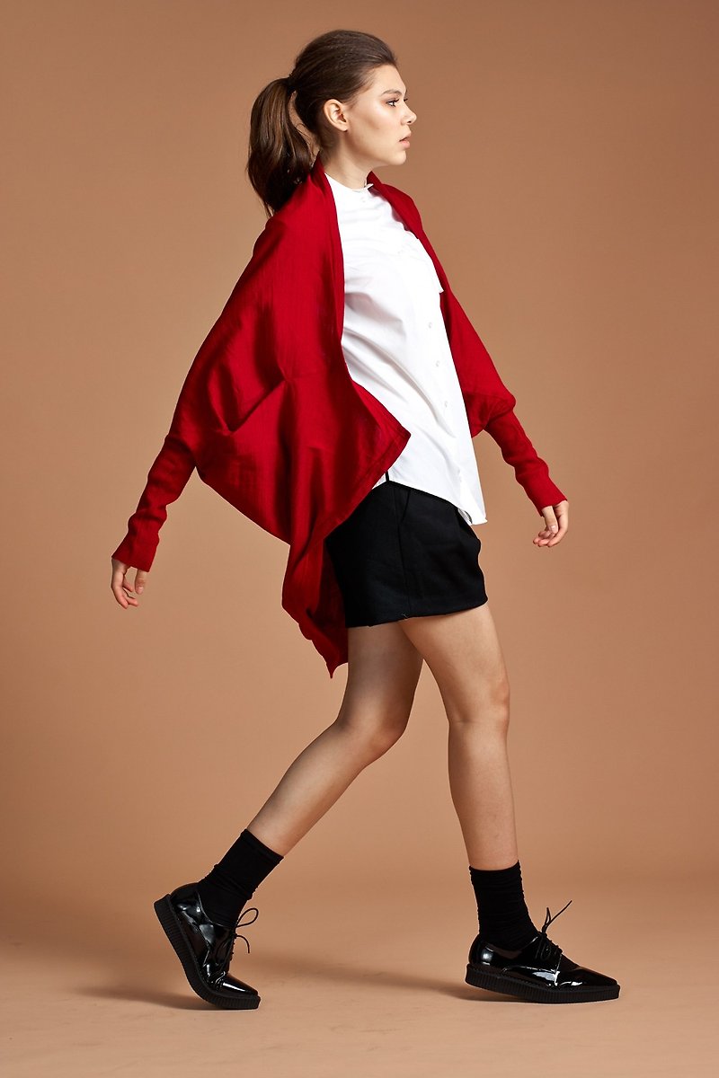 Draping red merino wool cardigan sweater - เสื้อแจ็คเก็ต - ขนแกะ สีแดง