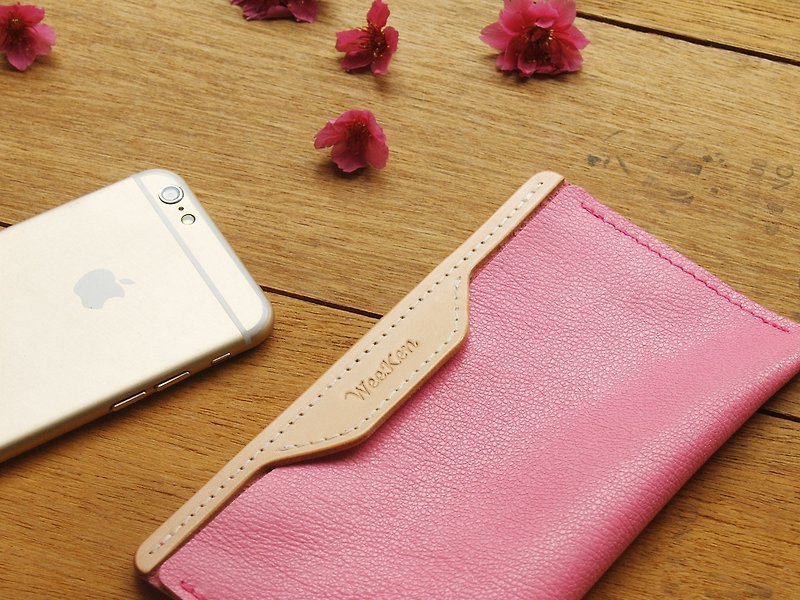 Leather Phone Case for iPhone 13mini / SE3 ( Custom Name ) - Peach Pink - Clutch Bags - Genuine Leather Pink