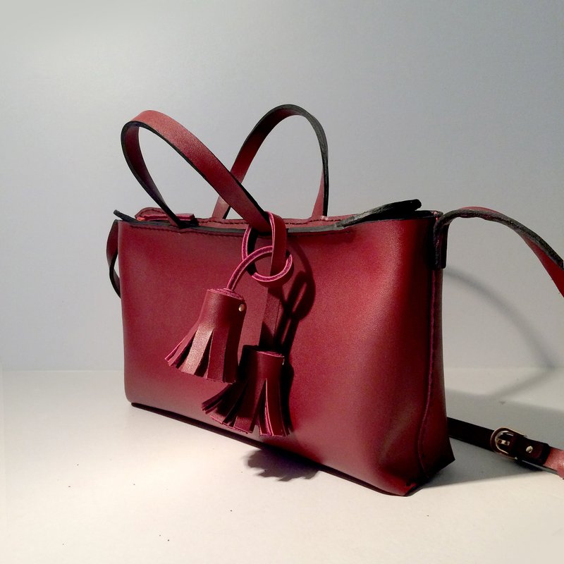 zemoneni hand-made cow leather burgundy fringed handbag shoulder bag - Messenger Bags & Sling Bags - Genuine Leather Red