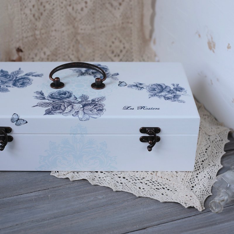 Blue and white porcelain style essential oil wooden box ink box storage collection wooden box - กล่องเก็บของ - ไม้ ขาว