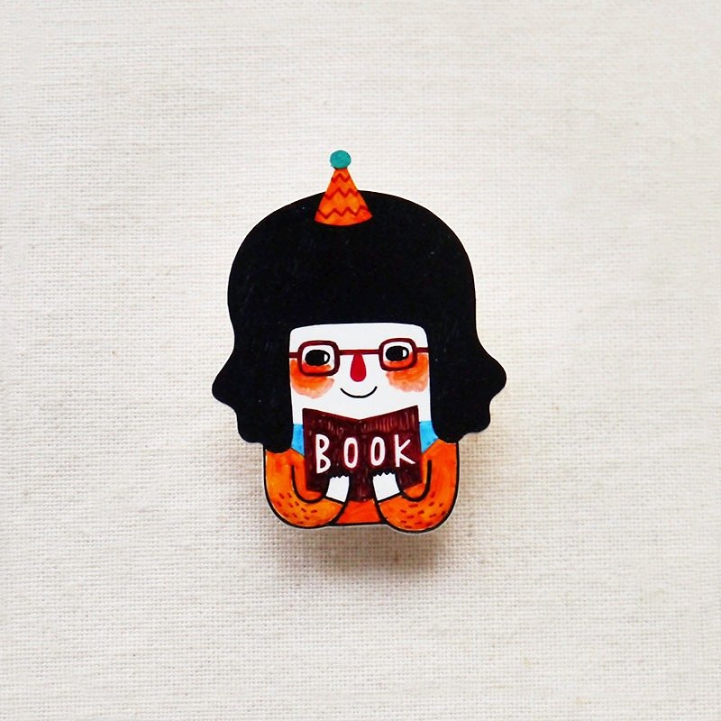 Anne The Bookworm / 書蟲安妮 / 手工製作熱縮片 / 胸針磁鐵 - 胸針 - 塑膠 紅色