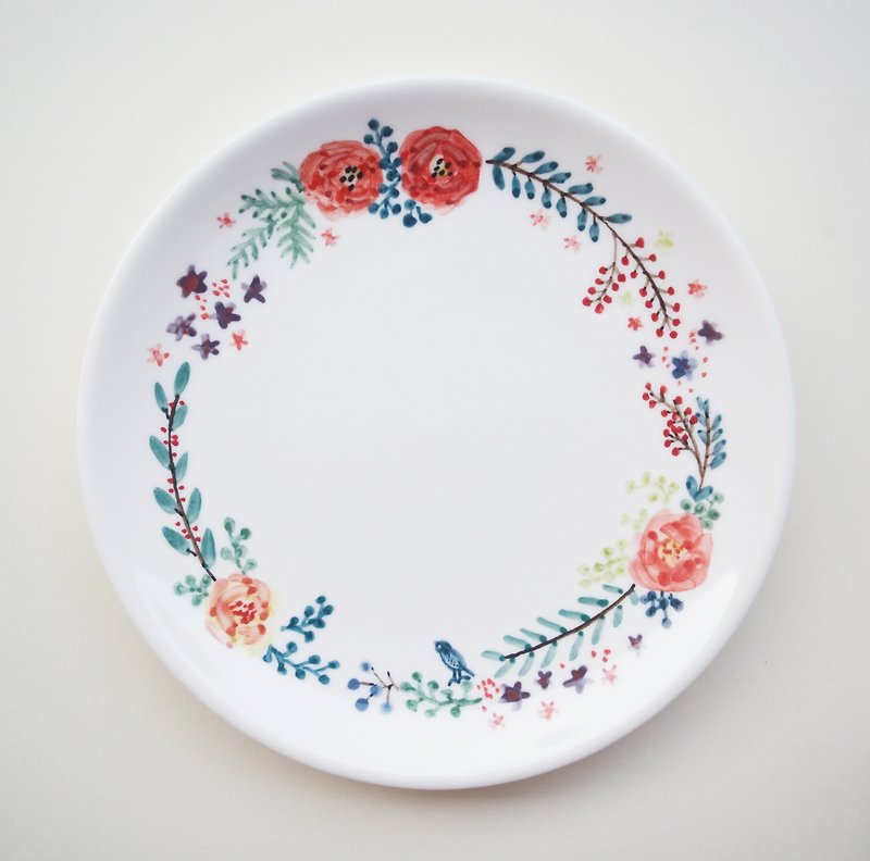 Hand-painted 6-inch Cake Plate Dinner Plate-Wreath and Little Blue Bird - จานเล็ก - เครื่องลายคราม สีแดง