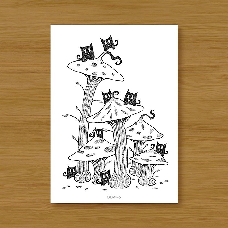 Postcard_ A group of little black cats in the mushroom bush_ Will only be shipped if you spend over 100 yuan - การ์ด/โปสการ์ด - กระดาษ ขาว