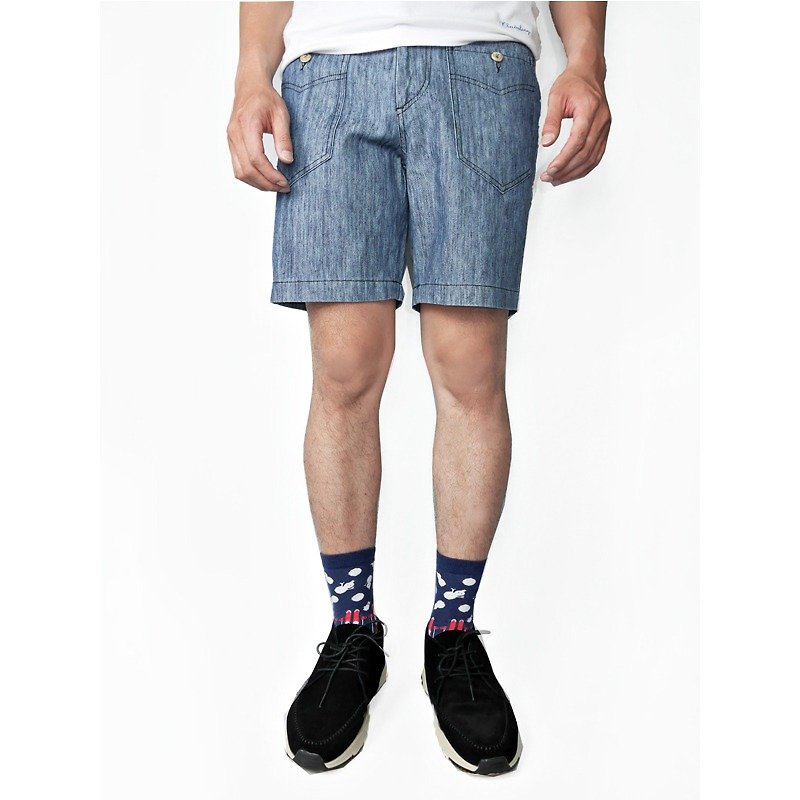 Chainloop大口袋短褲 (淺) - กางเกงขายาว - ผ้าฝ้าย/ผ้าลินิน สีน้ำเงิน