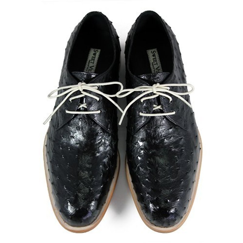 Larch M1125 Black Ostrich leather Derby shoes - Men's Leather Shoes - Genuine Leather Black