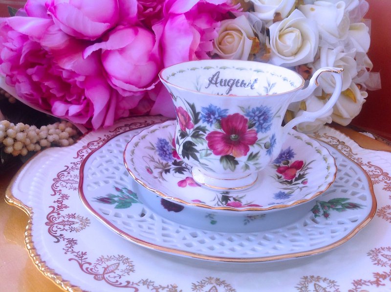 ♥ ♥ Annie crazy Antiquities Arbat British Royal Royal Albert bone china cup Month August poppy cup, coffee cups two groups ~ birthday gift - ถ้วย - เครื่องลายคราม หลากหลายสี