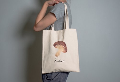 Kaasan 手繪手印 胚布提袋【香菇】單面圖案 手提/肩背
