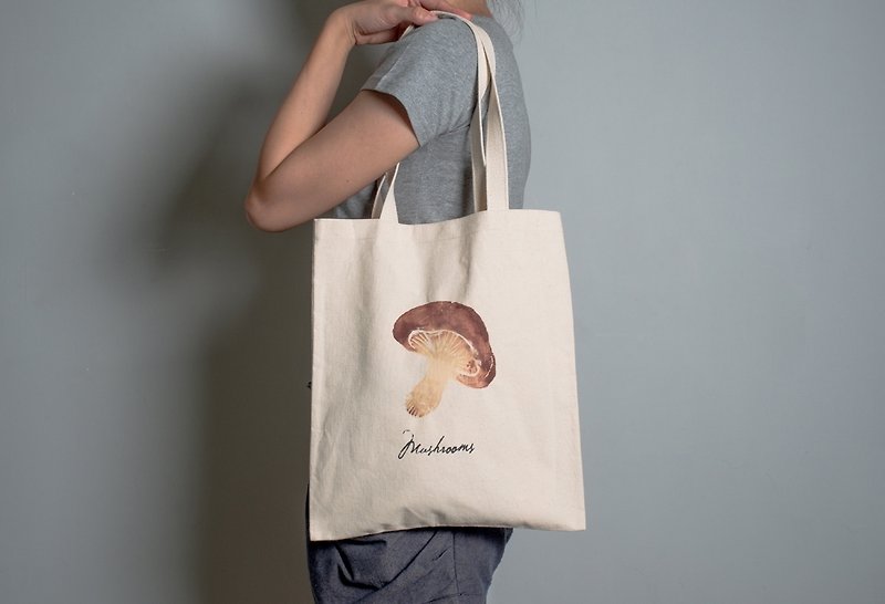 Hand-painted hand-printed cloth bag [Shiitake] Single-sided pattern portable/shoulder - Messenger Bags & Sling Bags - Cotton & Hemp Brown