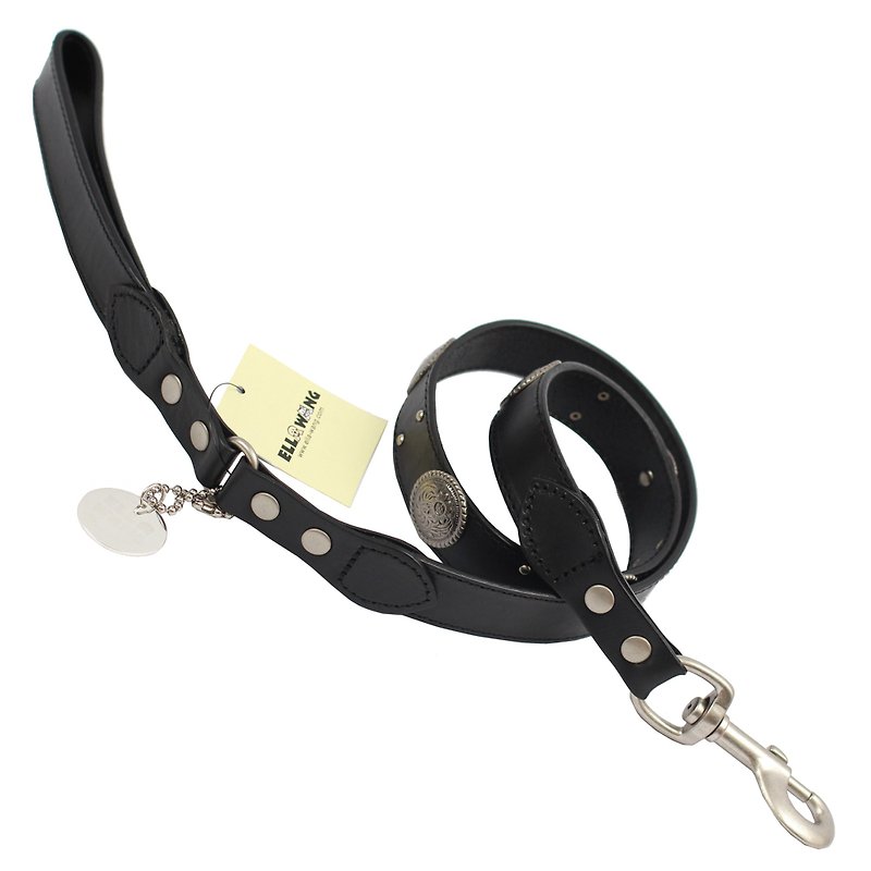 Ella Wang Design Metal Carved Round Brand Leather 105cm Long Leash-Black Pet Collar - Collars & Leashes - Genuine Leather Black