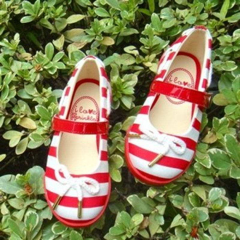Kasey red and white striped navy wind doll shoes (zero code specials, only accept the return) - รองเท้าเด็ก - ผ้าฝ้าย/ผ้าลินิน สีแดง