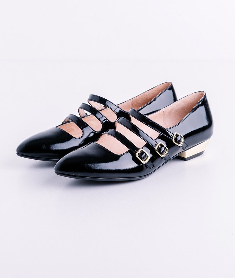 [Hepburn] mirror Sweetheart low-heeled Mary Jane - Classic black oil - รองเท้าบูทสั้นผู้หญิง - หนังแท้ สีดำ