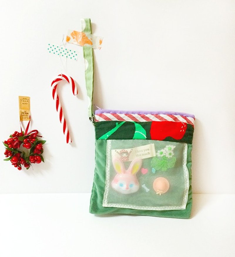 Free transport !! Santa's pocket - rabbit mask small flannel bag / debris bag - กระเป๋าถือ - วัสดุอื่นๆ สีเขียว