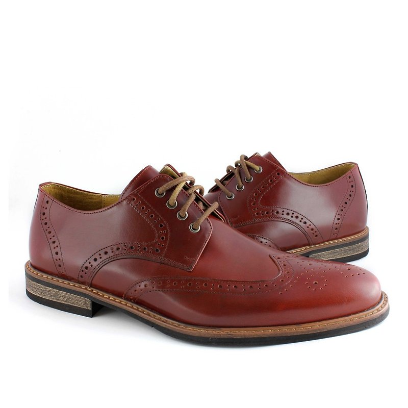 Temple filial piety leather carved derby shoes wine red - รองเท้าลำลองผู้ชาย - หนังแท้ สีแดง