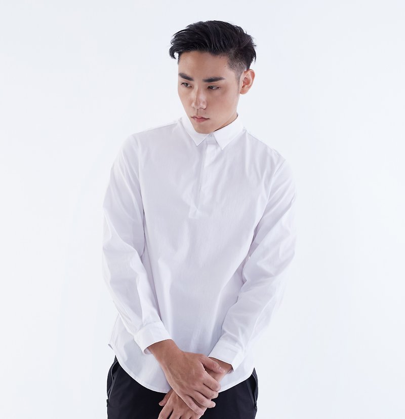 TRAN - 半門襟藏扣襯衫 - 男襯衫/休閒襯衫 - 棉．麻 白色