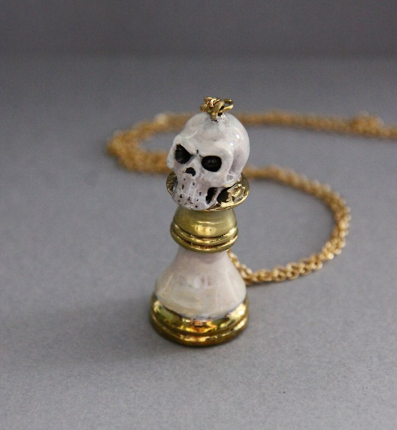 Skull Bishop Chess Hand-Painted Color and Golden Necklace / Pendant - Necklaces - Other Metals Gold