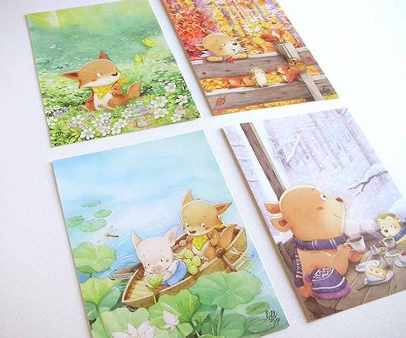 Bagels walk in the forest - Forest Seasons postcard (set of 4) - การ์ด/โปสการ์ด - กระดาษ สีเขียว