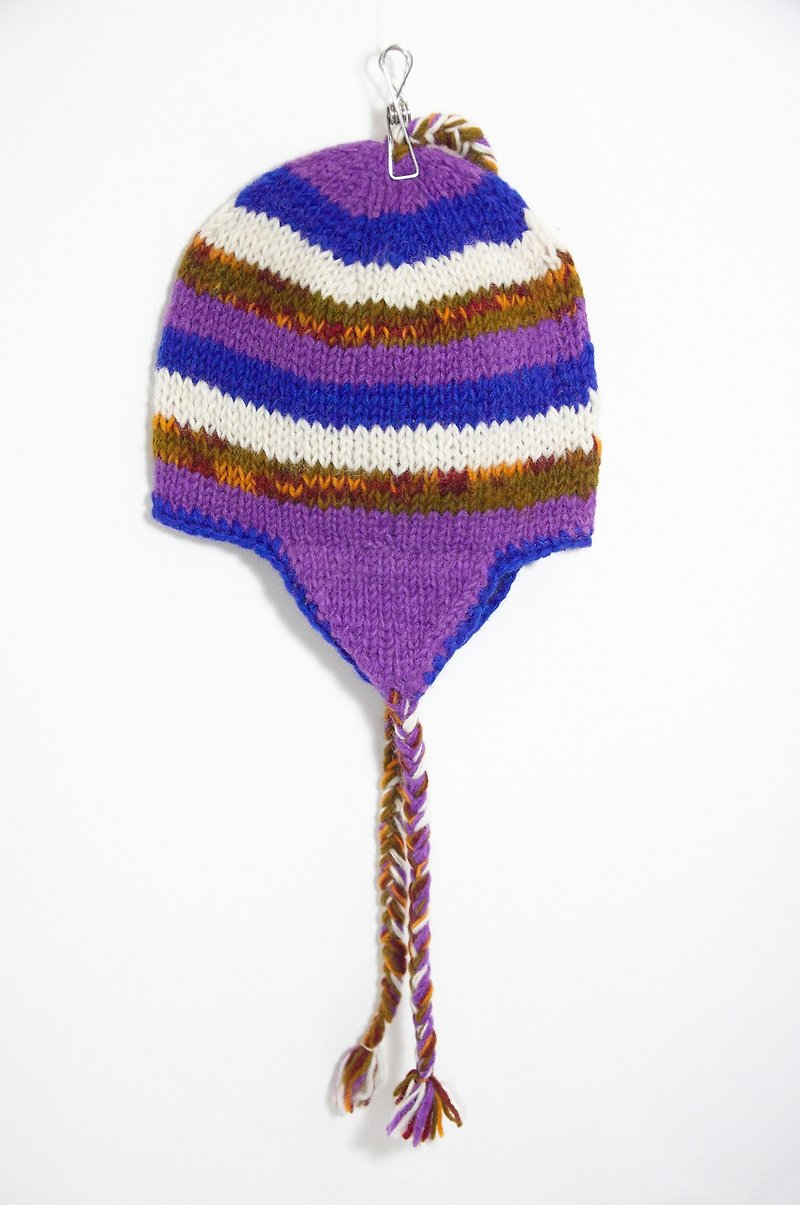 Valentine's Day gift hand-knitted pure wool hat/handmade inner brushed wool hat/knitted woolen hat/knitted woolen hat/flying woolen hat-blue and purple stripes (handmade limited edition) - Hats & Caps - Other Materials Multicolor