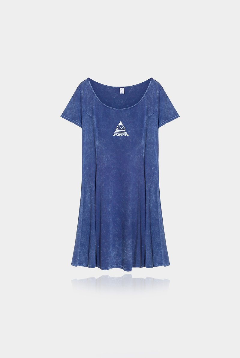 [Last] a triangle disorderly graffiti / laundry blue casual dress - One Piece Dresses - Cotton & Hemp Blue