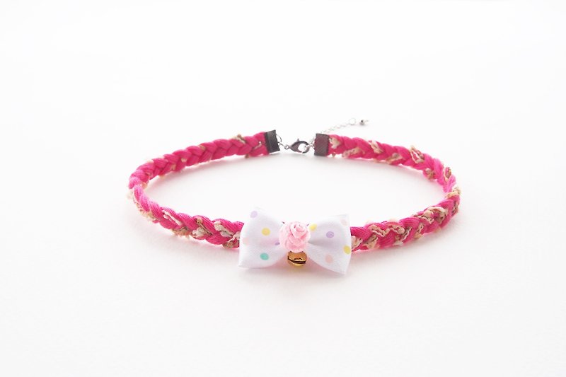 Pink lace choker/necklace with polka dot bow and bell - สร้อยคอ - วัสดุอื่นๆ สึชมพู