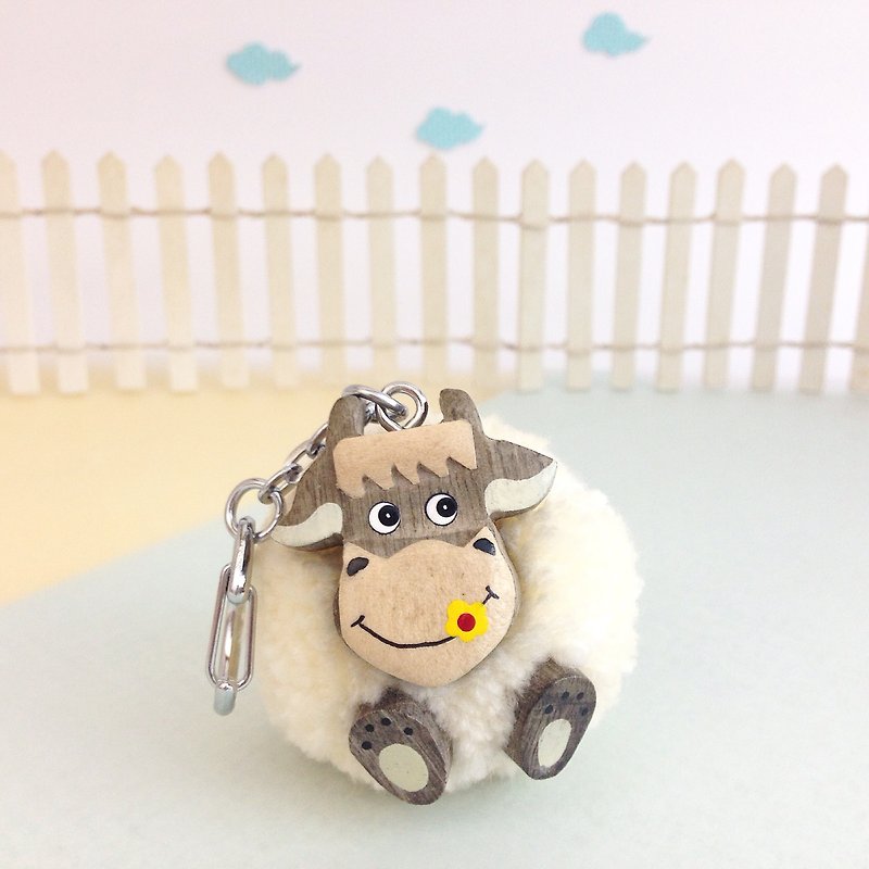 【Handmade Wooden x Wool Pengpeng】Little gray cow loves floret key ring / charm - ที่ห้อยกุญแจ - ไม้ ขาว