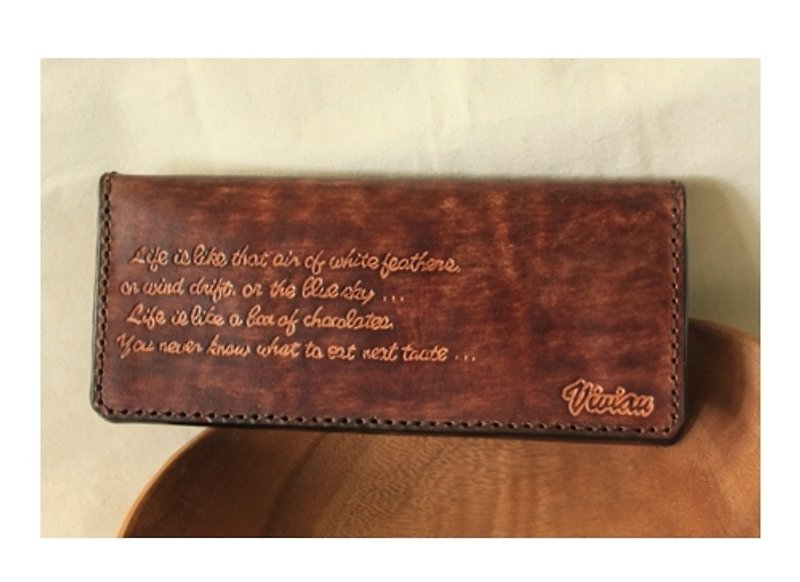 Exclusive custom-made English inspirational words retro burnt brown pure leather long wallet (customized lover, birthday gift) - กระเป๋าสตางค์ - หนังแท้ สีนำ้ตาล