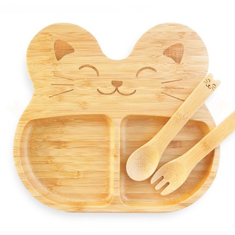 ไม้ไผ่ จานเล็ก สีเขียว - La-boos bamboo children's tableware vitality cat cat plate spoon fork