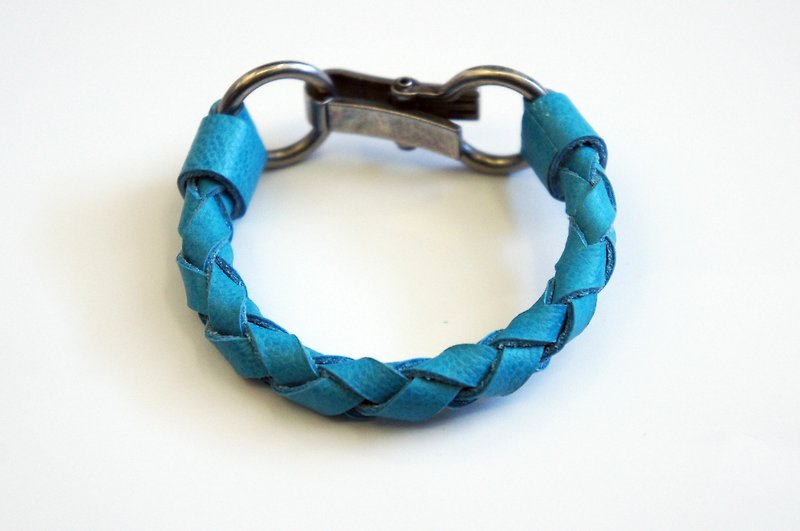 Sky blue vegetable tanned dyed cowhide braided leather rope industrial wind clip type metal buckle PdB New York hand-made leather goods - Bracelets - Genuine Leather Blue