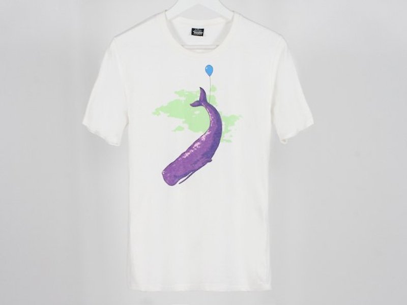 飛天鯨魚 SKy Whale 男生 - T 恤 - 棉．麻 白色