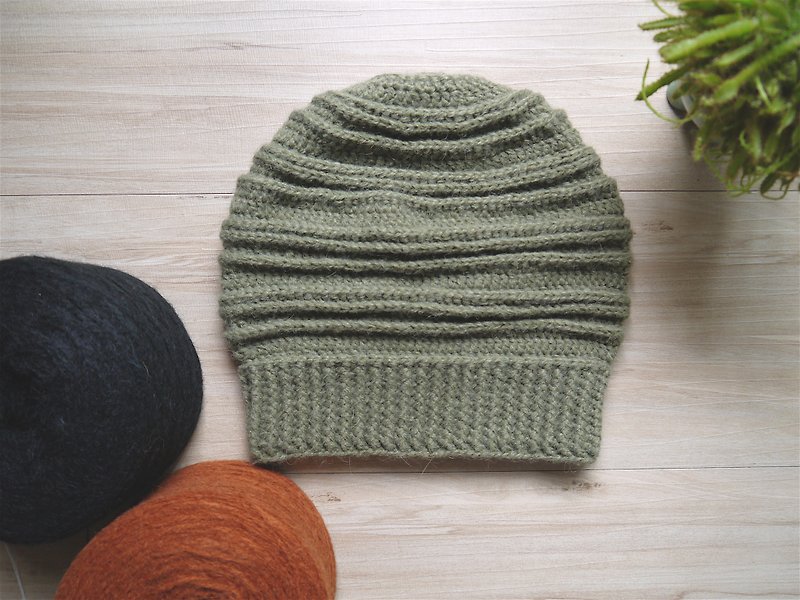 手作編織毛帽~ 中性多層次設計師款毛帽系列/淺乳墨色 - 帽子 - 羊毛 綠色
