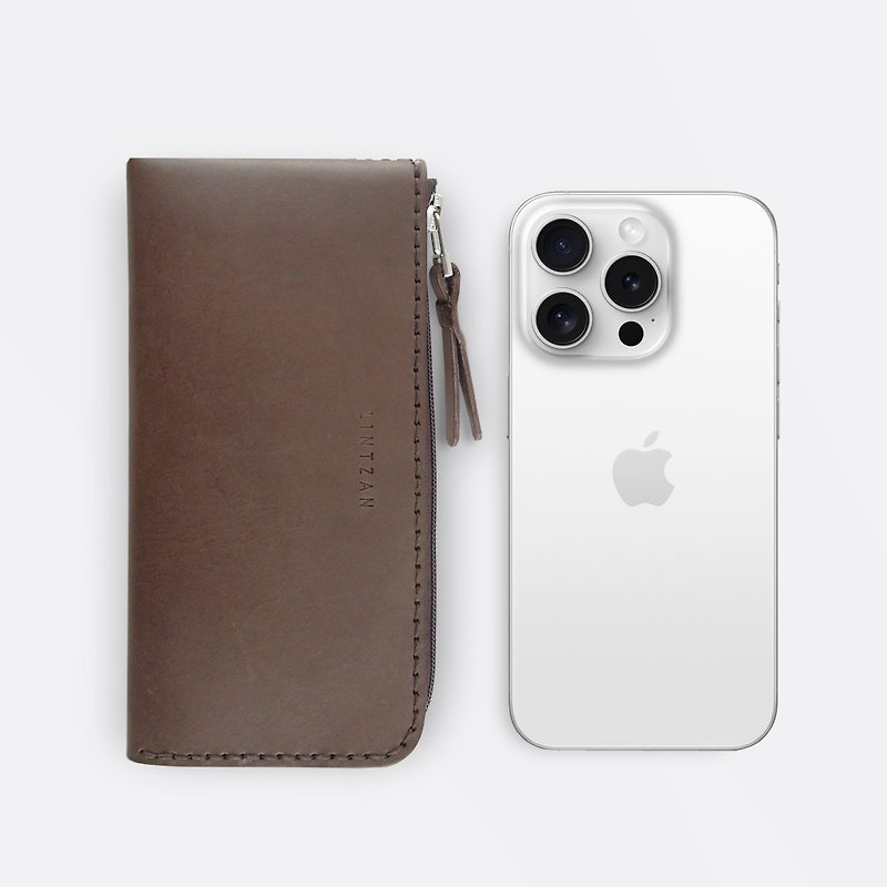 iPhone zipper mobile phone case/wallet--dark coffee - เคส/ซองมือถือ - หนังแท้ สีนำ้ตาล