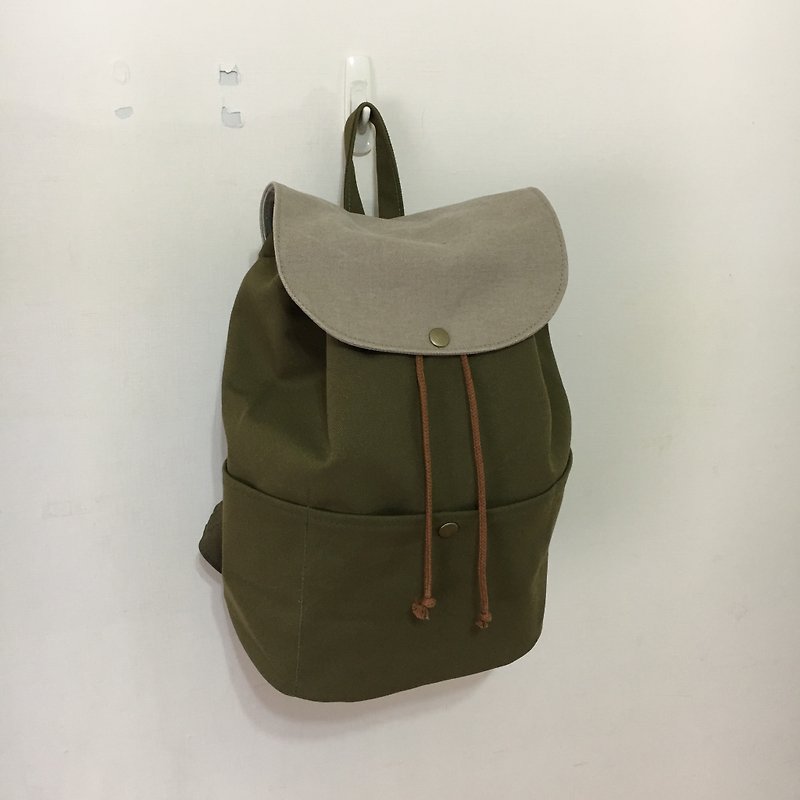 After a small trip, backpack, olive green, gray-brown strap, brown ribbon, beam, rope, light brown - Backpacks - Cotton & Hemp Green