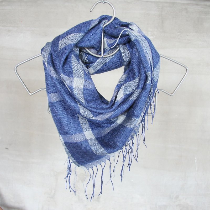 Wool Check Fringe Big Square Scarf-Blue Grey Check - Scarves - Other Materials Blue