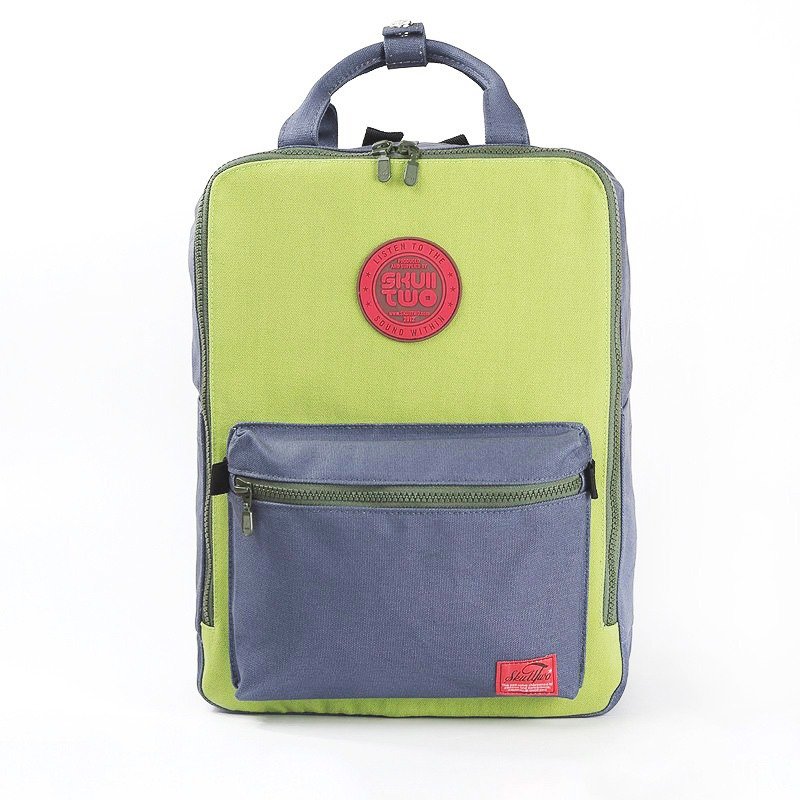 [SKUllTWO BAG] 灰藍+蘋果綠拼接 / 帆布後背包 / 附防塵袋 - 後背包/背包/書包 - 其他材質 綠色