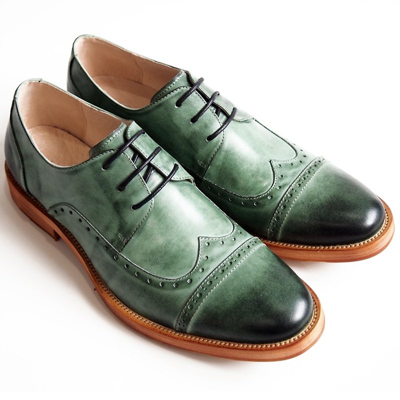 [LMdH] D1A33-49 calf leather hand-painted carved wood grain open Phut wing with Derby - aquamarine - Free Shipping - Men's Oxford Shoes - Genuine Leather Green