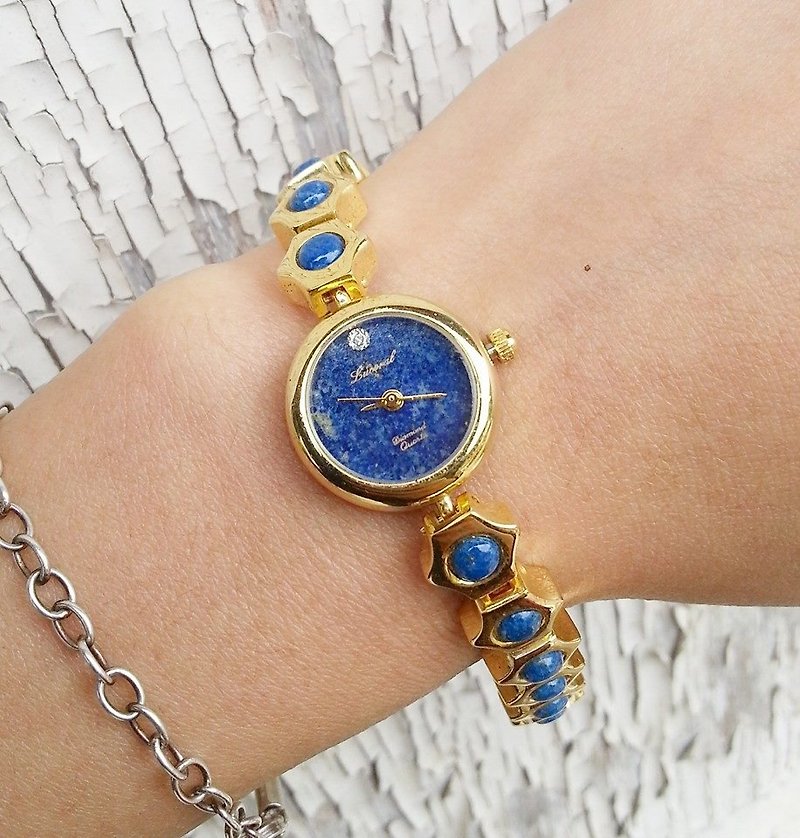 [Lost and find] antique lapis lazuli bracelet watch - นาฬิกาผู้หญิง - เครื่องเพชรพลอย สีน้ำเงิน