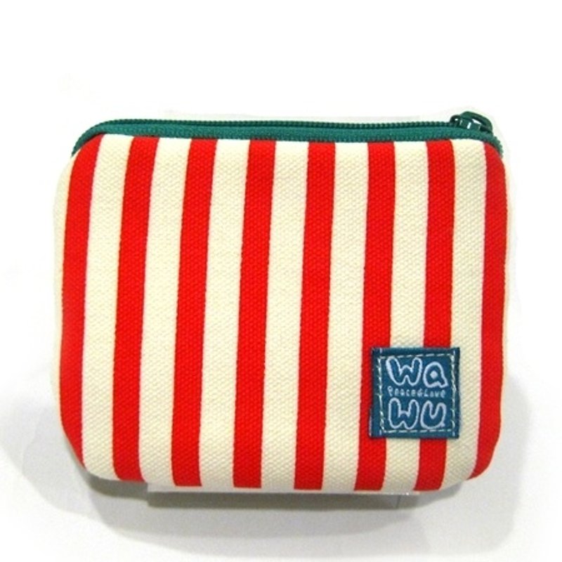 Small coin purse (red and white stripes) - กระเป๋าใส่เหรียญ - ผ้าฝ้าย/ผ้าลินิน สีแดง