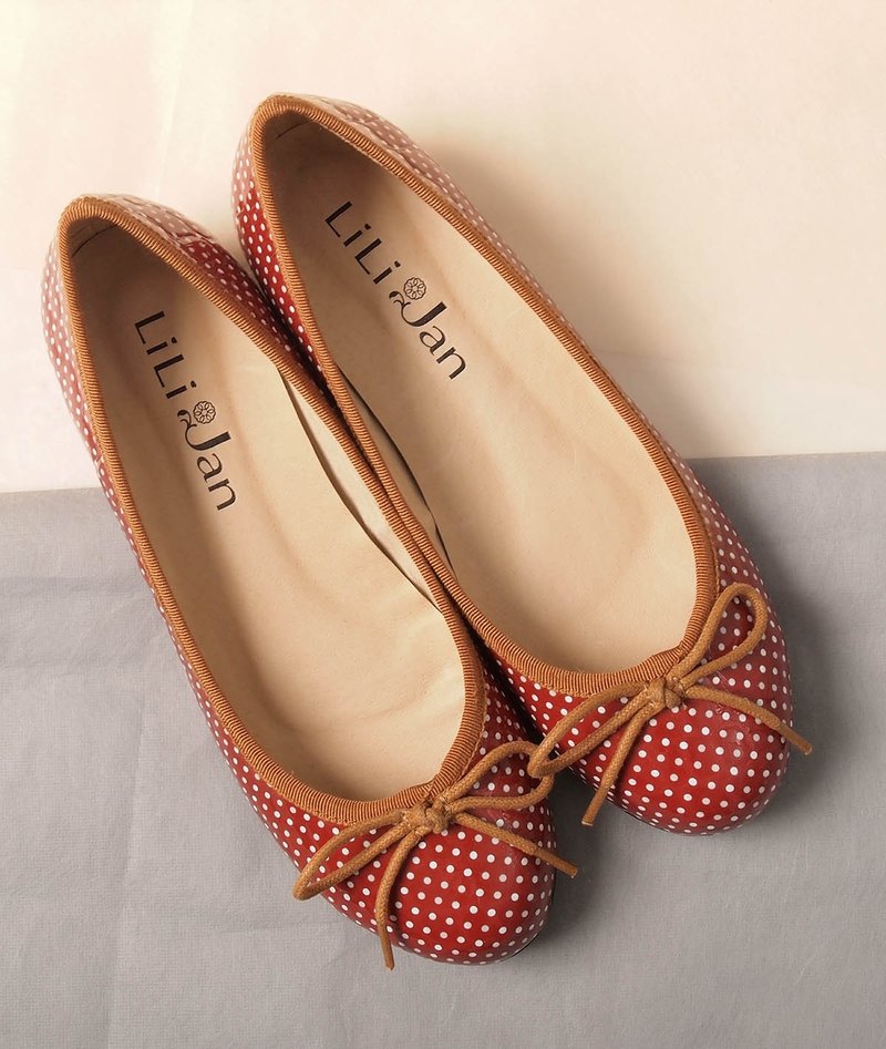 Classical ballet bow low heel _ small white dot red crocodile - รองเท้าอ็อกฟอร์ดผู้หญิง - หนังแท้ สีแดง