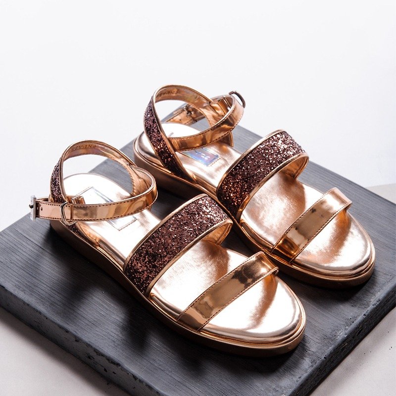 Glitter Sandals shoes - Peach gold - รองเท้ารัดส้น - หนังแท้ สึชมพู