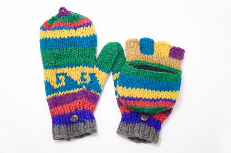 Happy Valentine's Day Limited a knitted pure wool warm gloves / 2ways Gloves / Toe Gloves / Glove bristles - playful waves hit color totem - Gloves & Mittens - Other Materials Multicolor
