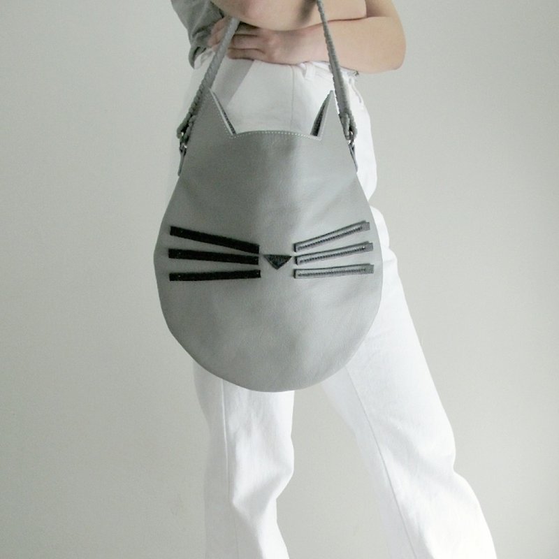 Grey Cat Shoulder Bag / Genuine Leather Women Bag With Coin Purse/ Handmade Shoulder Bag / Unique / Cat Lover / Cat Tote Bag