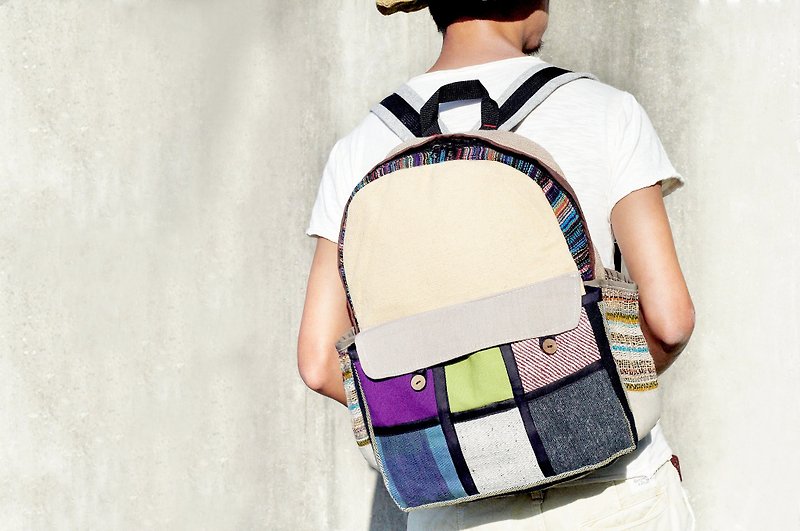After Valentine's Day gift handmade cotton stitching design backpack / shoulder bag / mountaineering bags / travel bag - colorful mosaic Road Trip wind (limit one) - Backpacks - Cotton & Hemp Multicolor