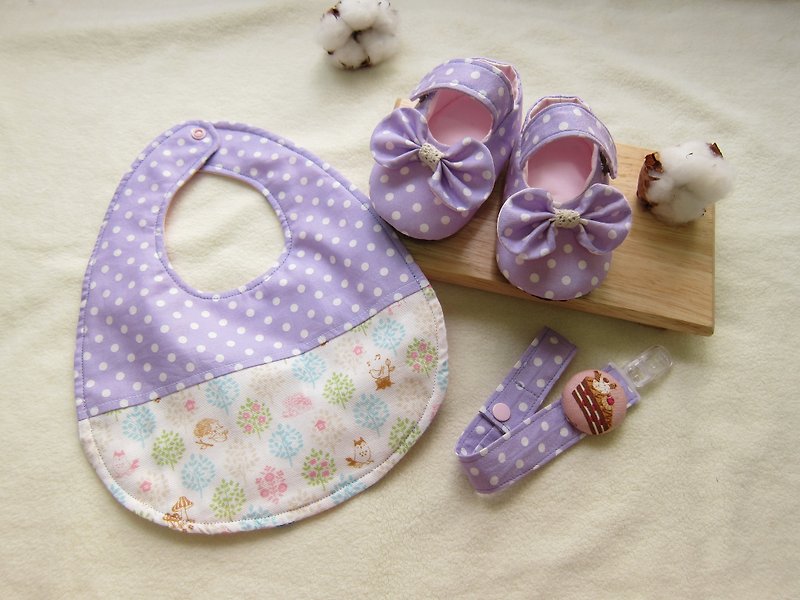 Pink and purple little infant baby births group - tweeted bow baby shoes + bibs + baby pacifier chain - ของขวัญวันครบรอบ - วัสดุอื่นๆ สีน้ำเงิน