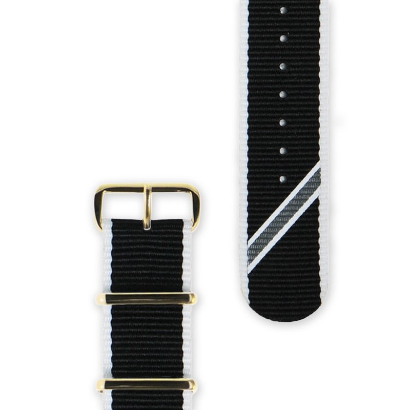 HYPERGRAND Military Strap - 22mm - Black and White Twill (Gold Button) - Men's & Unisex Watches - Other Materials Black