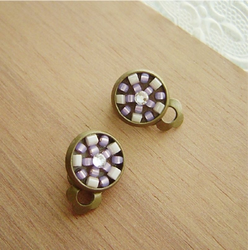 Small tiles :: :: my little garden (purple). Ear earrings. Swarovski rhinestones. round. Collage - Earrings & Clip-ons - Other Metals Purple