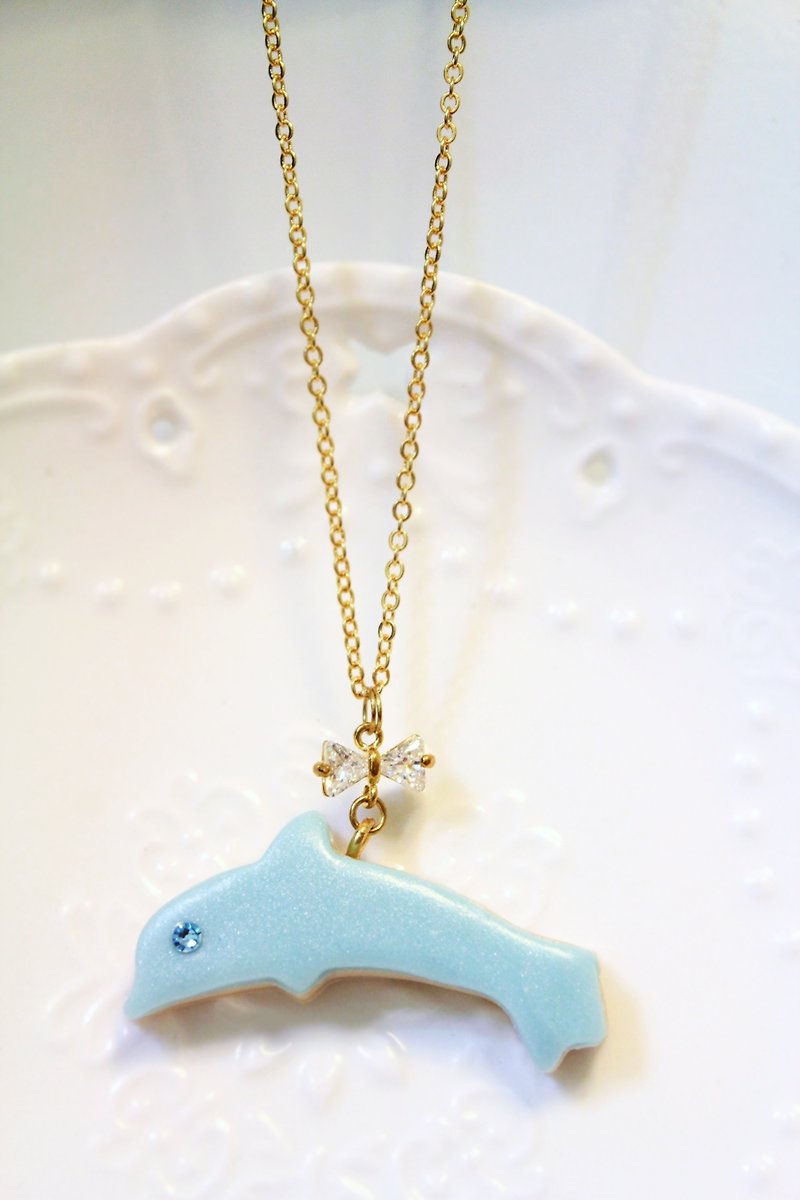 Hand-made waltz-ocean series ~ micro-pearl light fondant biscuit dolphin necklace - Necklaces - Clay Blue