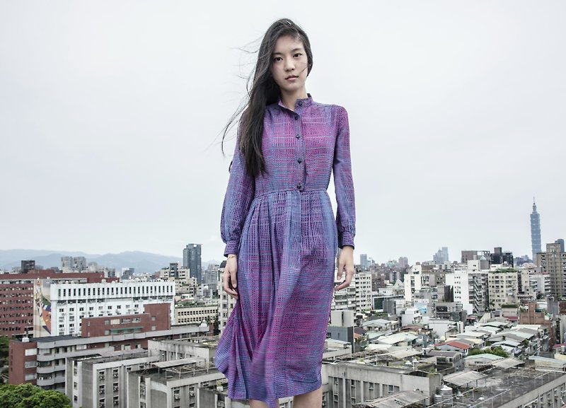 FOAK古著 迷幻紫線條洋裝 - 連身裙 - 其他材質 紫色
