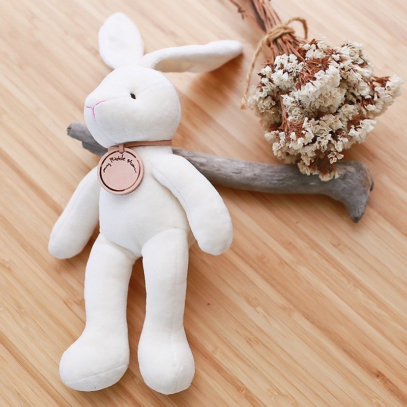 【彌月禮盒-客製皮牌】手工有機棉mini 兔two安撫玩具 - 彌月禮盒 - 棉．麻 白色