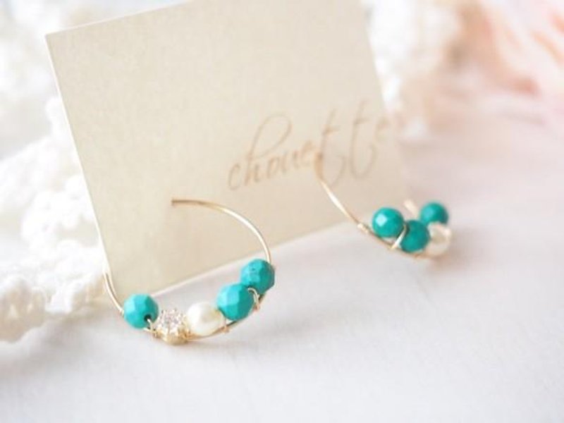 [14kgf] Swarovski pearl hoop earrings (Turquoise) - ต่างหู - โลหะ 