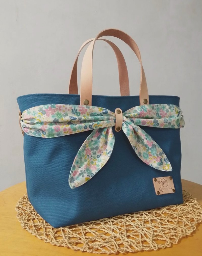 日本8號帆布系列~土耳其藍蝴蝶領巾拖特包/手提包 - 手提包/手提袋 - 其他材質 多色